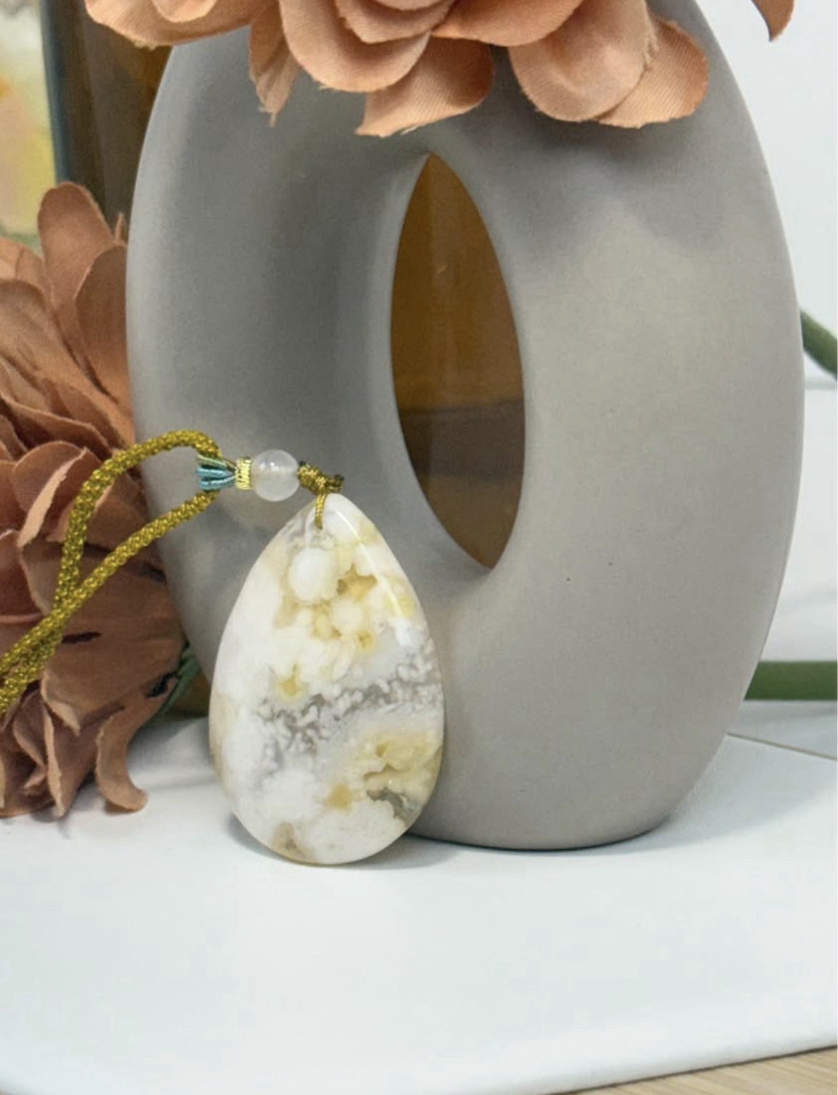Flower Agate Yellow Pendant Necklace 43.8/8.1MM on Adjustable Nylon