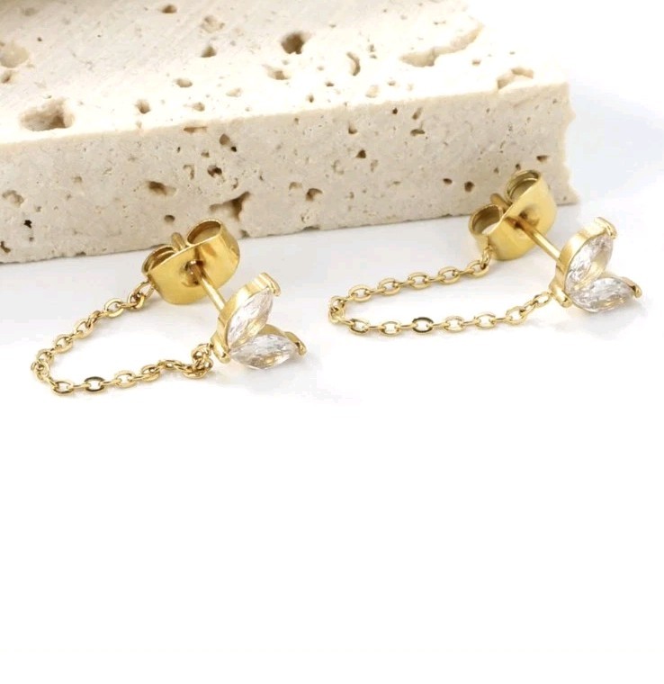 Stainless Steel Butterfly Chain Stud Earrings CZ White Marquise