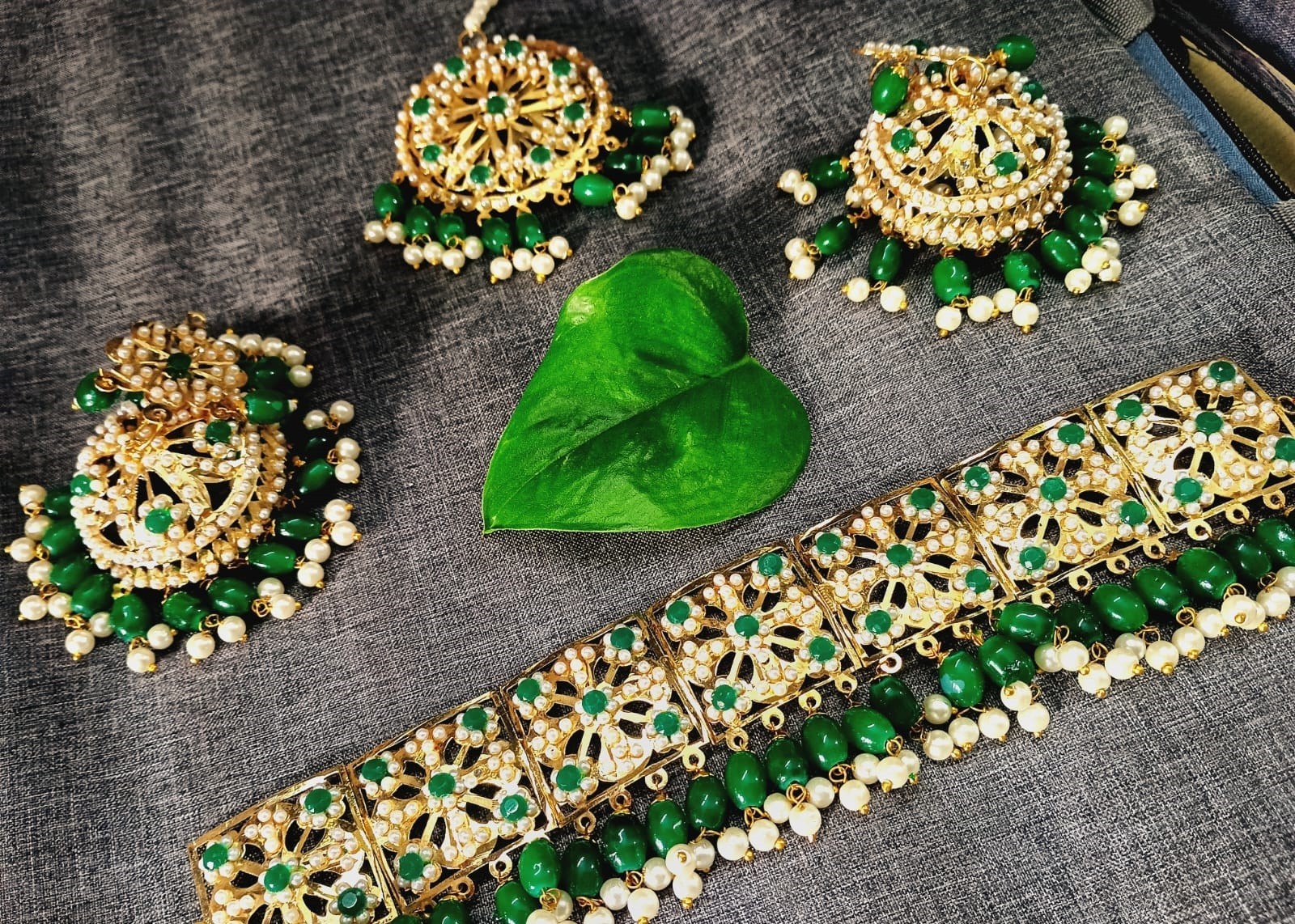 JAYWAR Green Beaded Choker Set Ethnic Bridal Jewelry Earrings & Maang Tikka