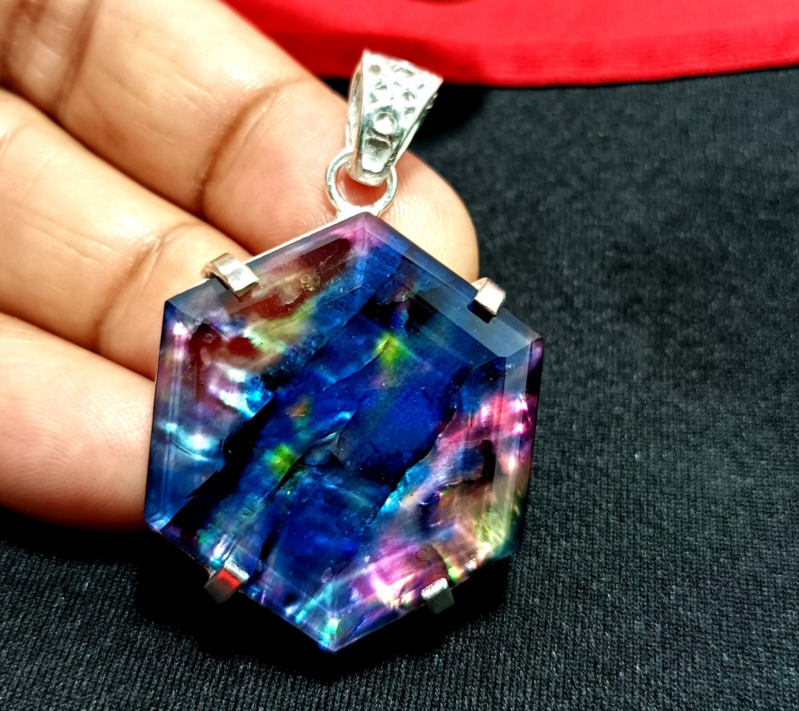 Certified 65.95 Ct Natural Ammolite 925 Solid Silver Hexagon Pendant Gemstone