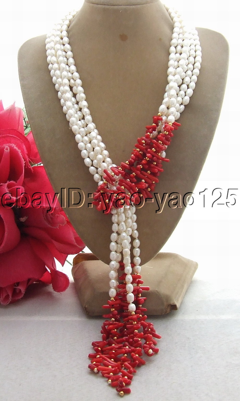 3Strds 50″ White Pearl red Coral Necklace Long necklace