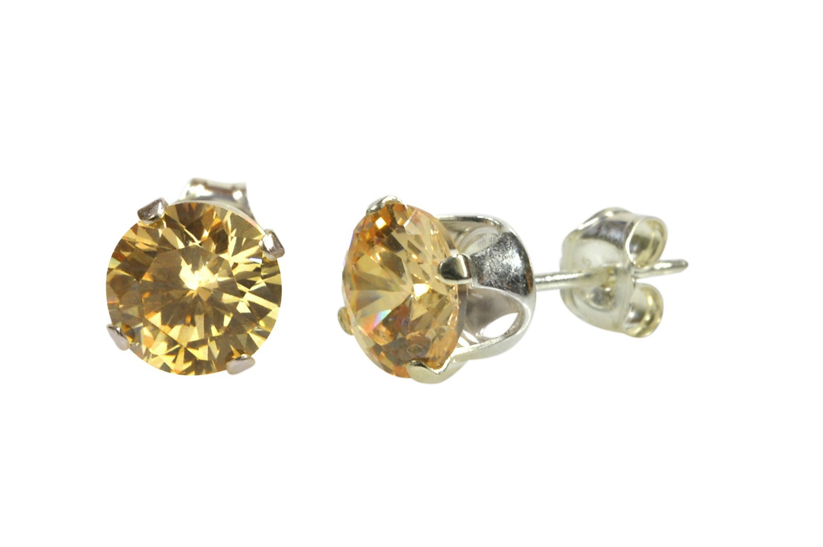 Sterling Silver Round CZ Stud Earrings Prong Set Champagne Cubic Zirconia
