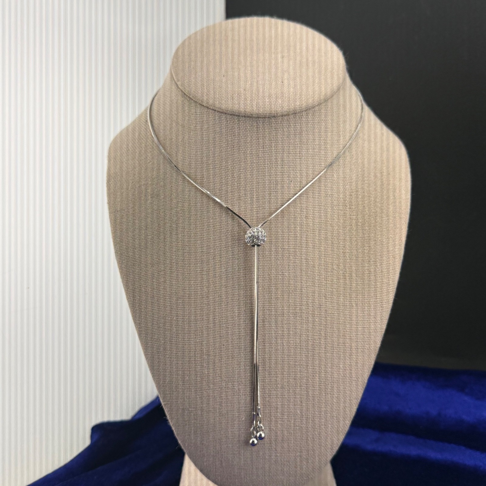 Bolo Necklace Slide Charm Silver Tone Rhinestone Elegant Simple Signed 21”