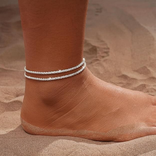 14K Gold/Silver Layered Anklets for Women – Waterproof Sparkly Beach Jewelry