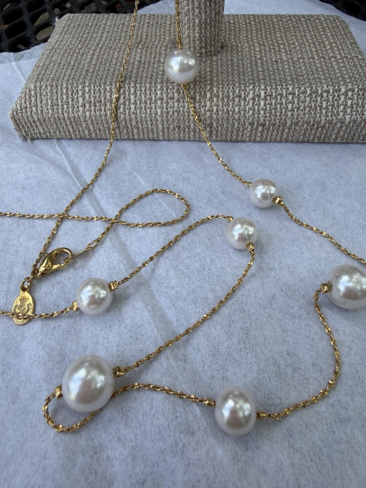 Premier Designs Gold Tone Station Chain Necklace, White Faux Pearls, Signed