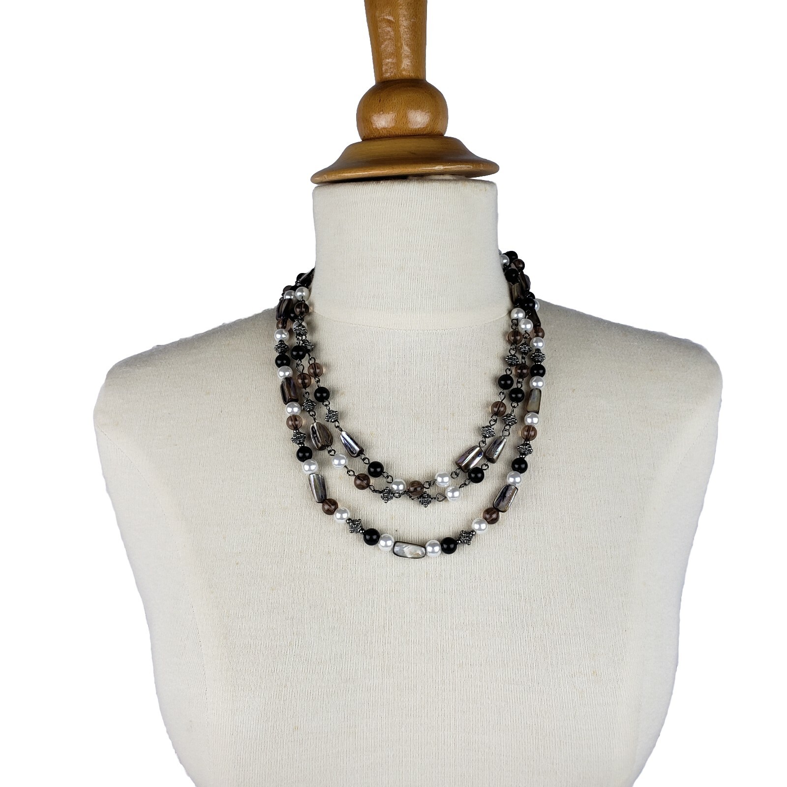Laila Rowe Multi Strand Shell Glass Pearl Beaded Necklace Adjustable Silver Tone