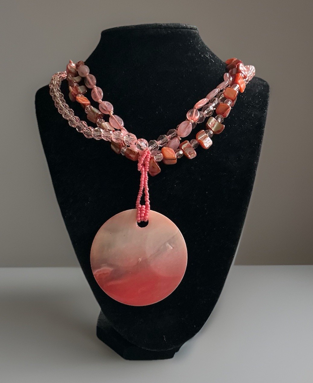 Pink Dyed Shell Pendant And Multistrand Beaded Necklace 17.5”-20.5”