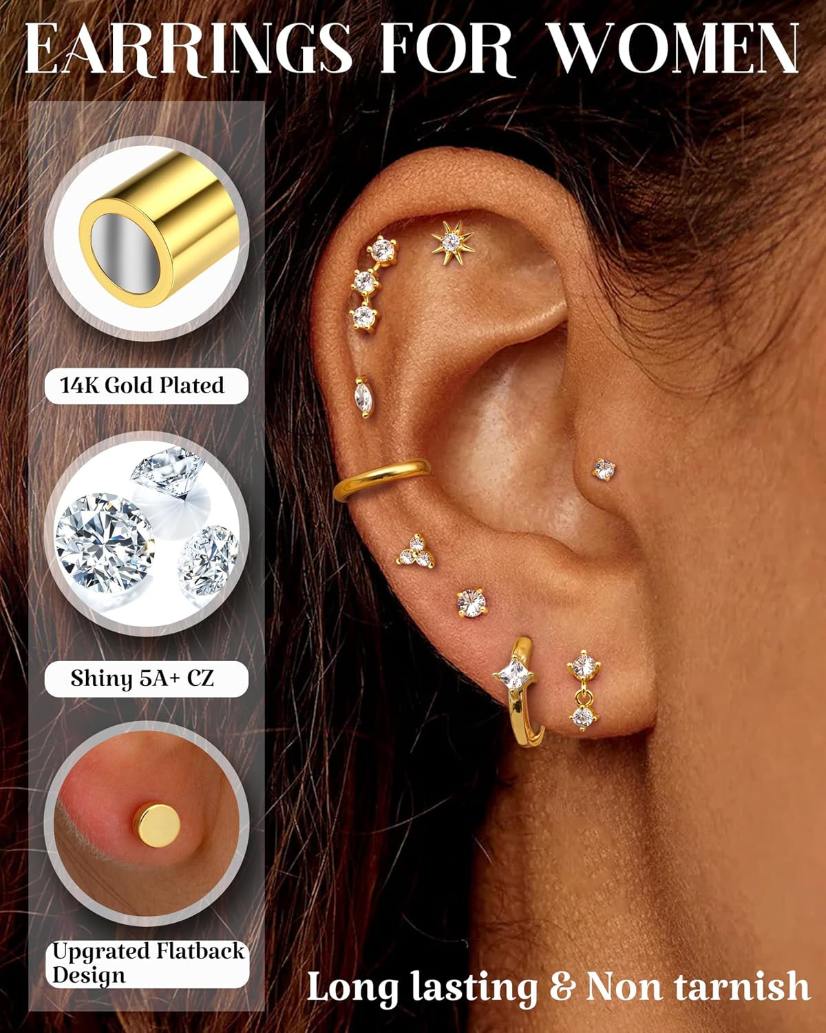 20G Helix Piercing Jewelry Flat Back Cartilage Earrings for Women – Hypoallergen