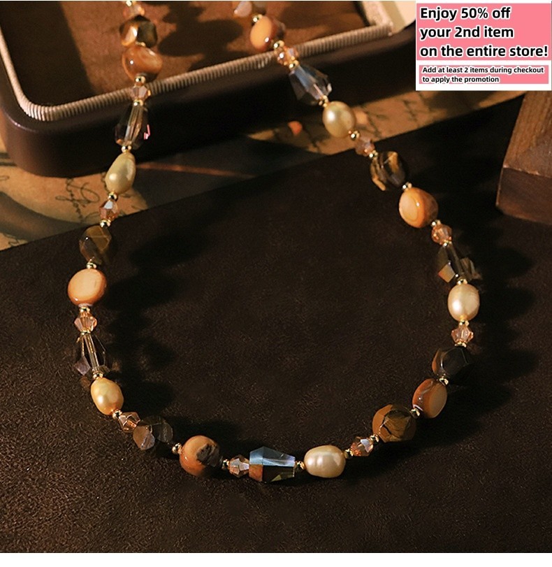 Natural Freshwater Baroque Pearl – Tiger’s eye Stone Necklace Beads Chain