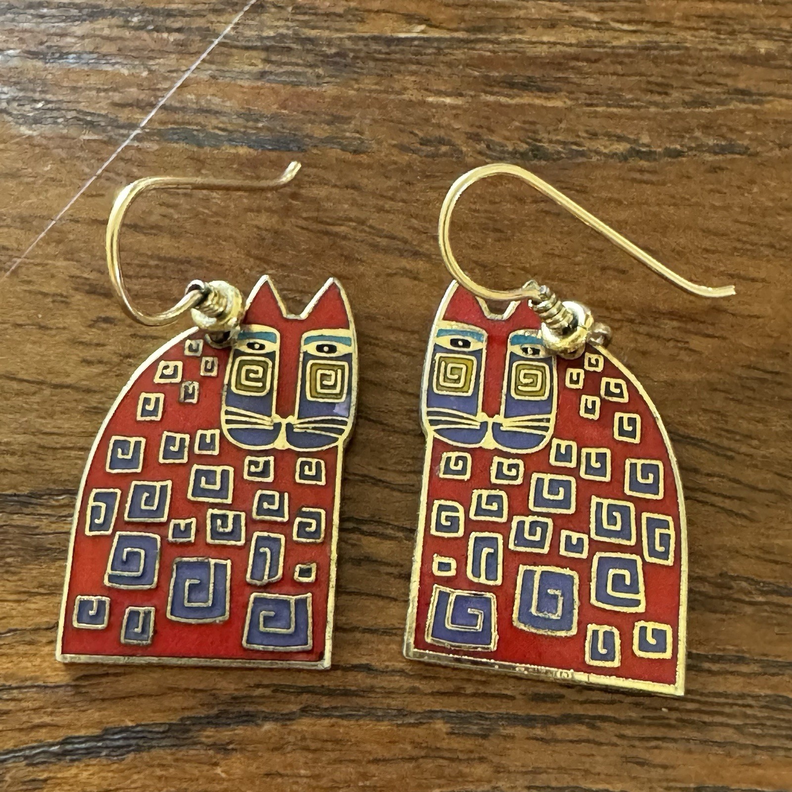 Vintage Laurel Burch Red Cat Cloisonne Enamel Dangle Earrings Rare French Wire