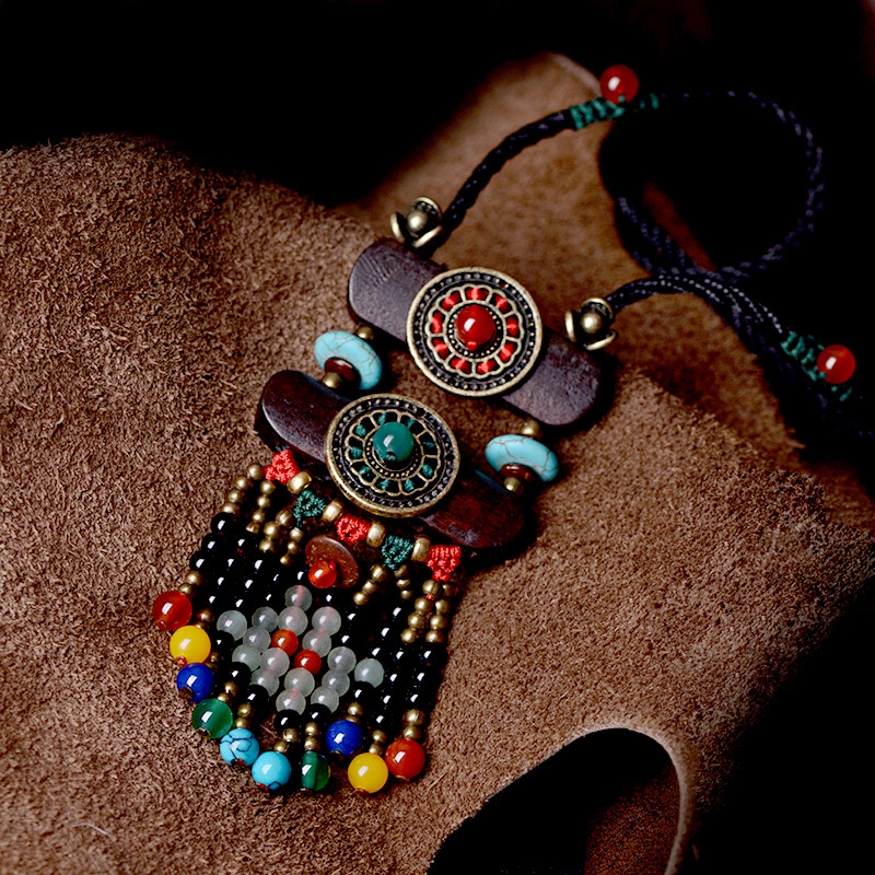 Ethnic Beads Long Necklace Hippie Boho Jewelry Homemade Wood Pendant Women Gift
