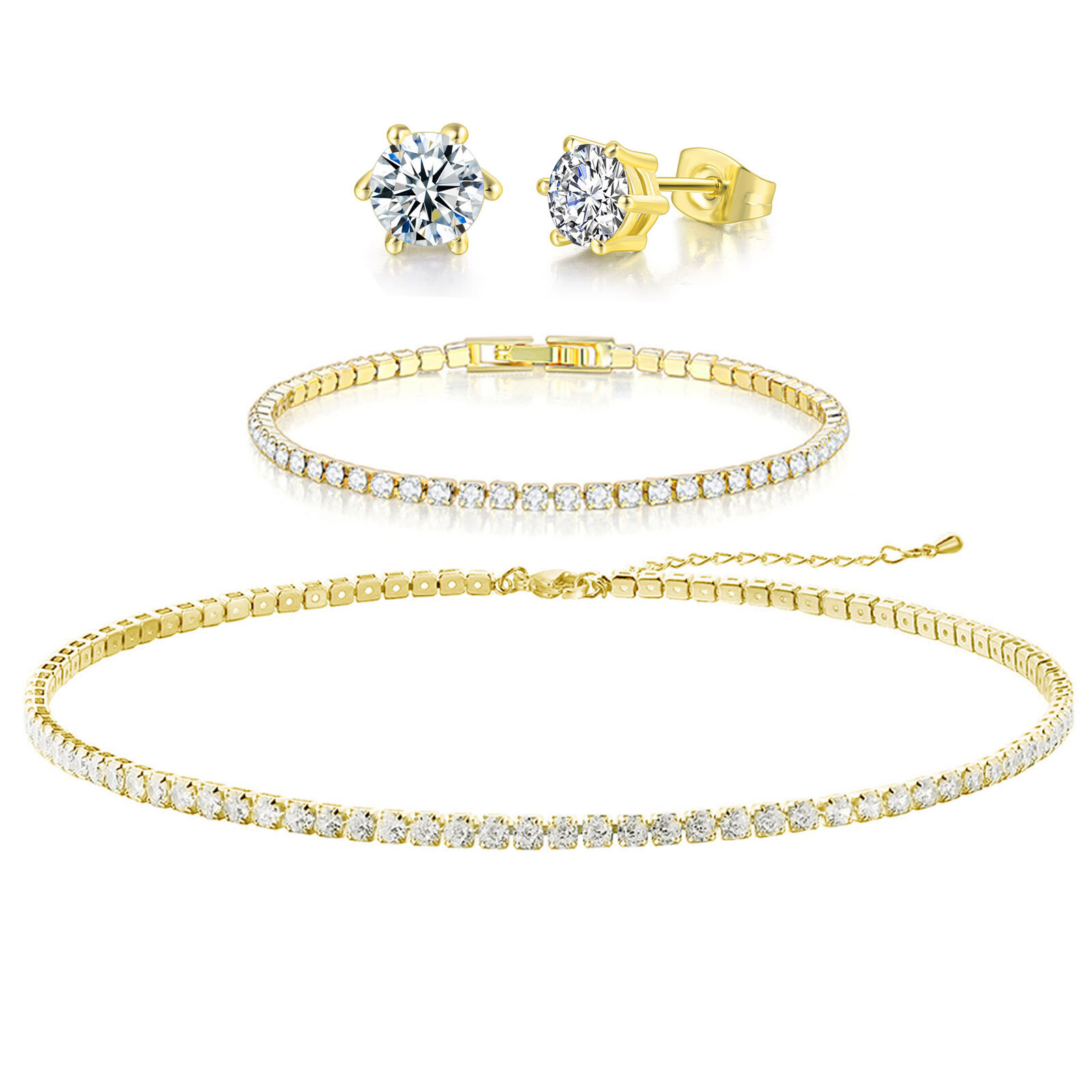 18k Gold Plated Cubic Zirconia Stud Earrings Tennis Bracelet Necklaces for Women