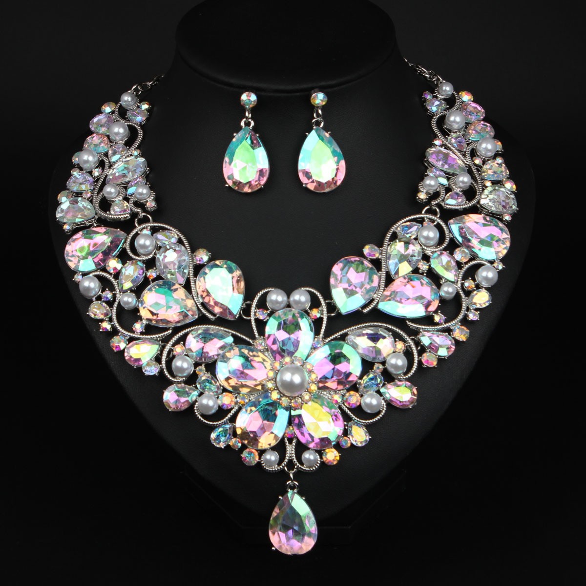 Vintage Crystal Statement Necklace Earrings Set Rhinestone Jewelry for Wedding