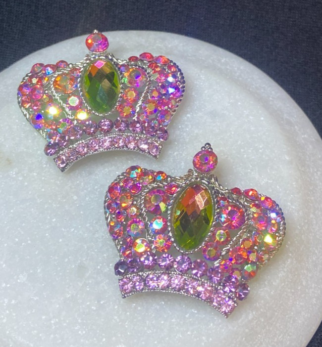 * Brooch Pendant Set 2 Pink Rhinestone Faceted Crystal Iridescent Jewel Gift Box
