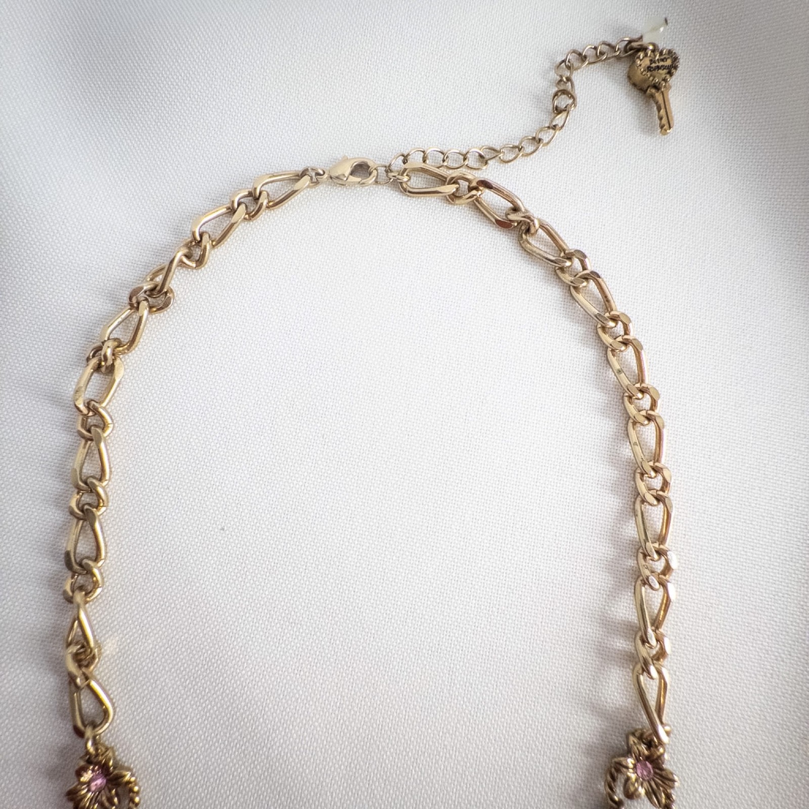 Betsey Johnson Love Birds Key Heart Pink Lock Flower Pearl Bead Necklace Rare