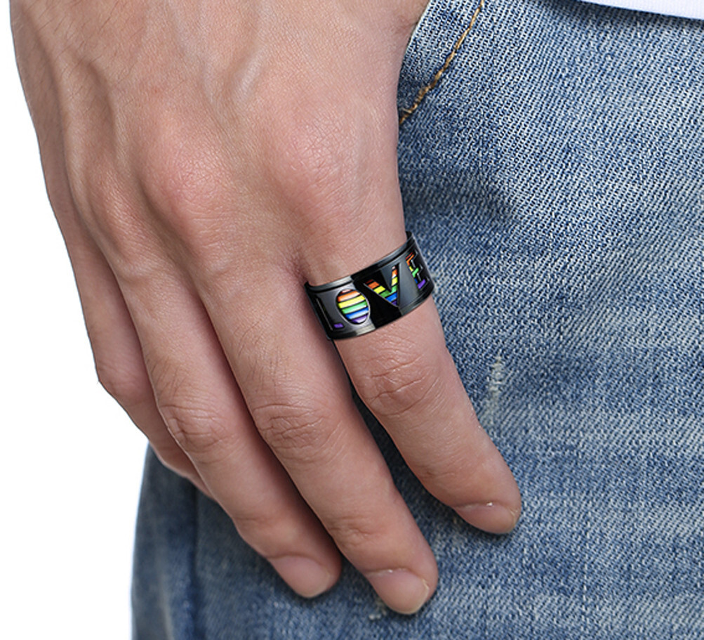 Pride Shack – Black Rainbow LOVE Spinner Ring LGBTQ Lesbian Gay Pride Ring Steel