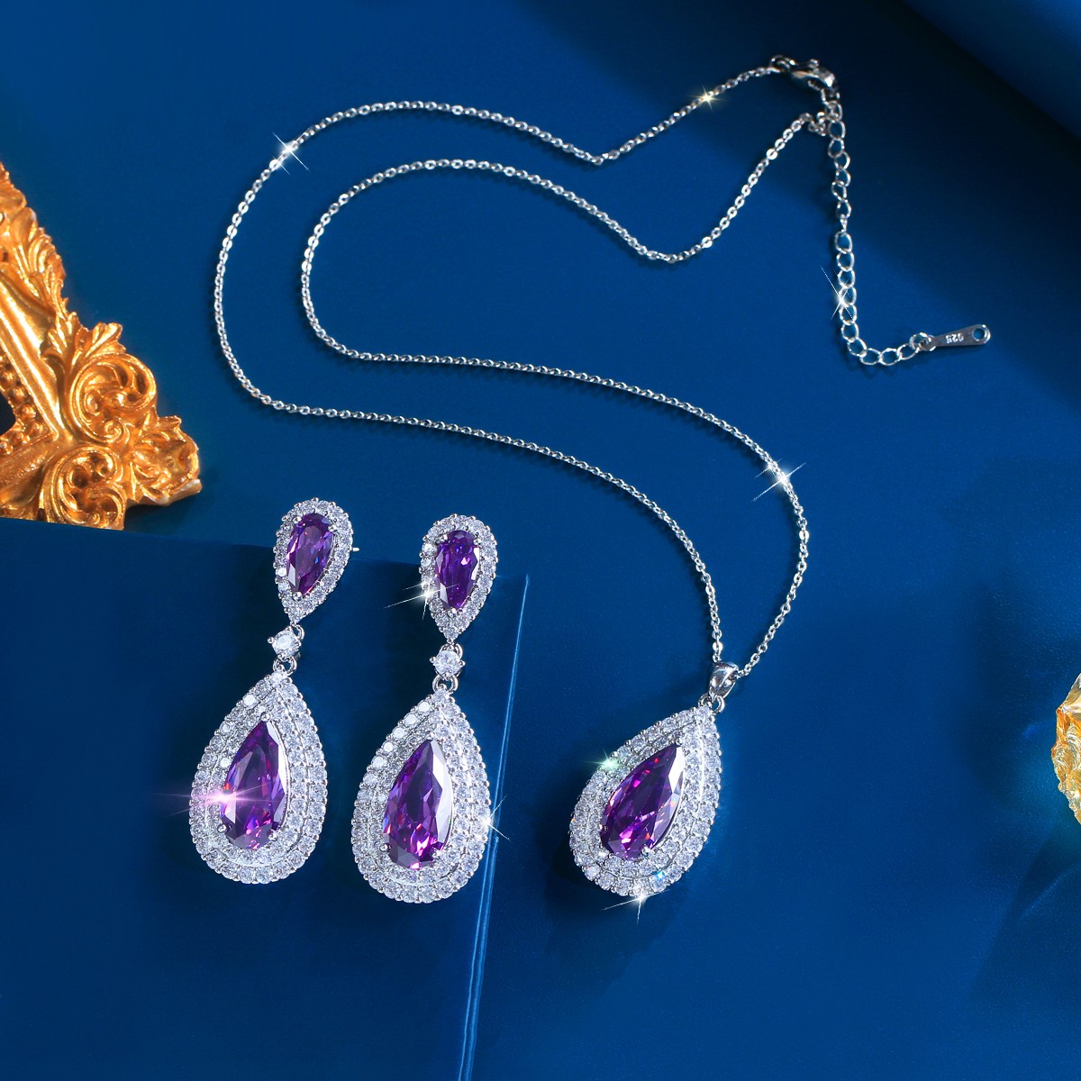 Silver Plated Long Teardrop Drop Earrings Necklace Women Zircon Jewelry Set Gift