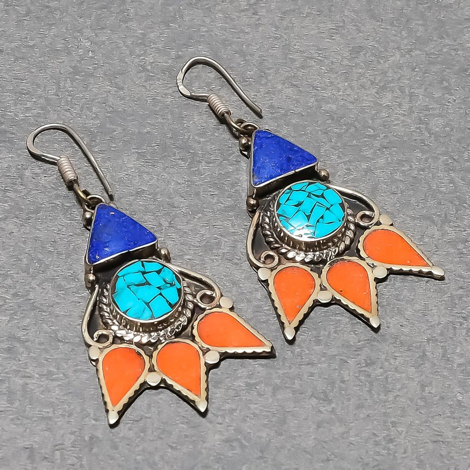 Tibetan Turquoise Coral Lapis lazuli Ethnic Nepali Jewelry Earrings 2.6″ SR 5421