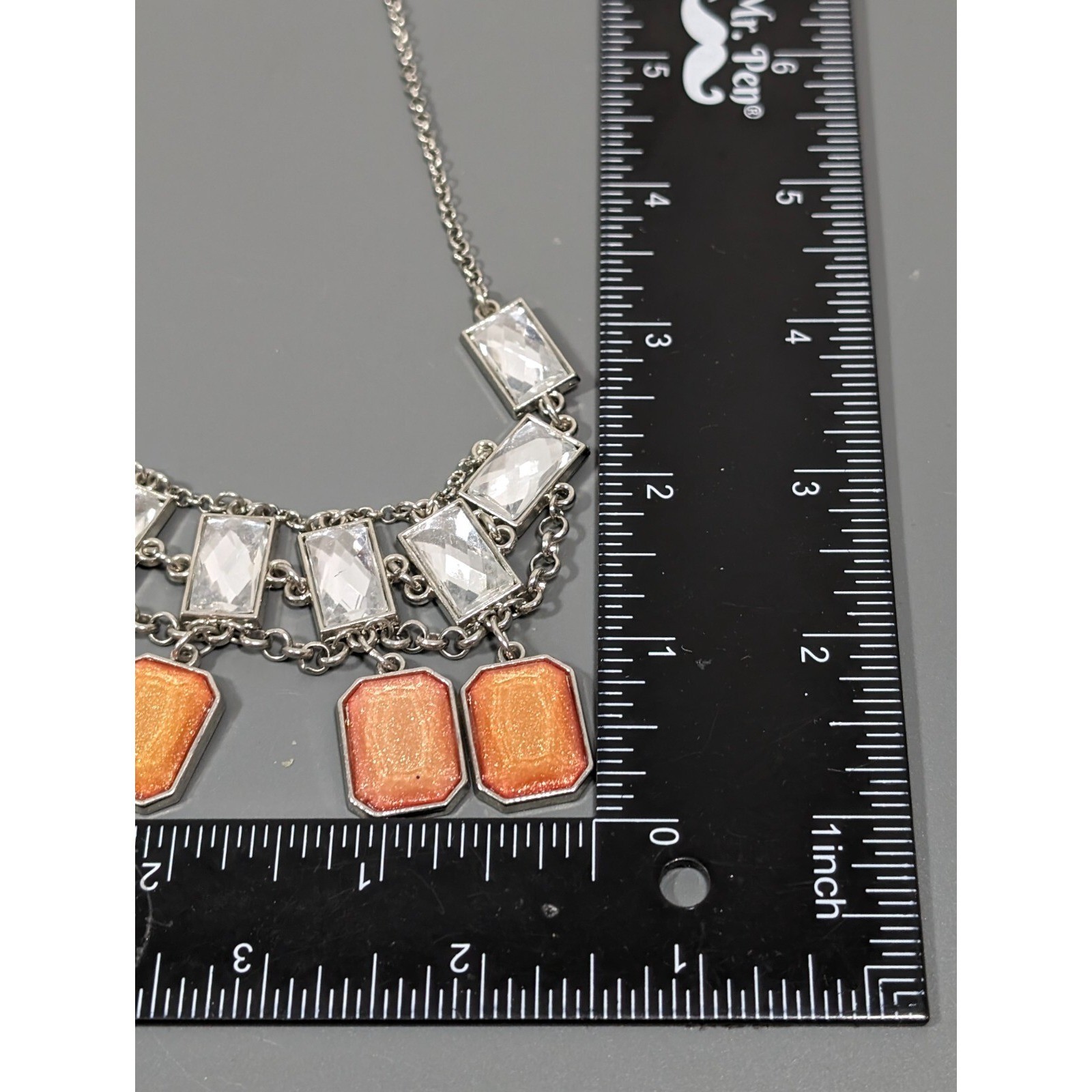 NYC Orange Cabochon Rectangle Charm Statement Necklace Silver Tone 21 in