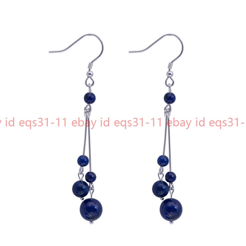 4-6-10mm Natural Lapis Lazuli Round Gems Beads Dangle Silver Hook Earrings
