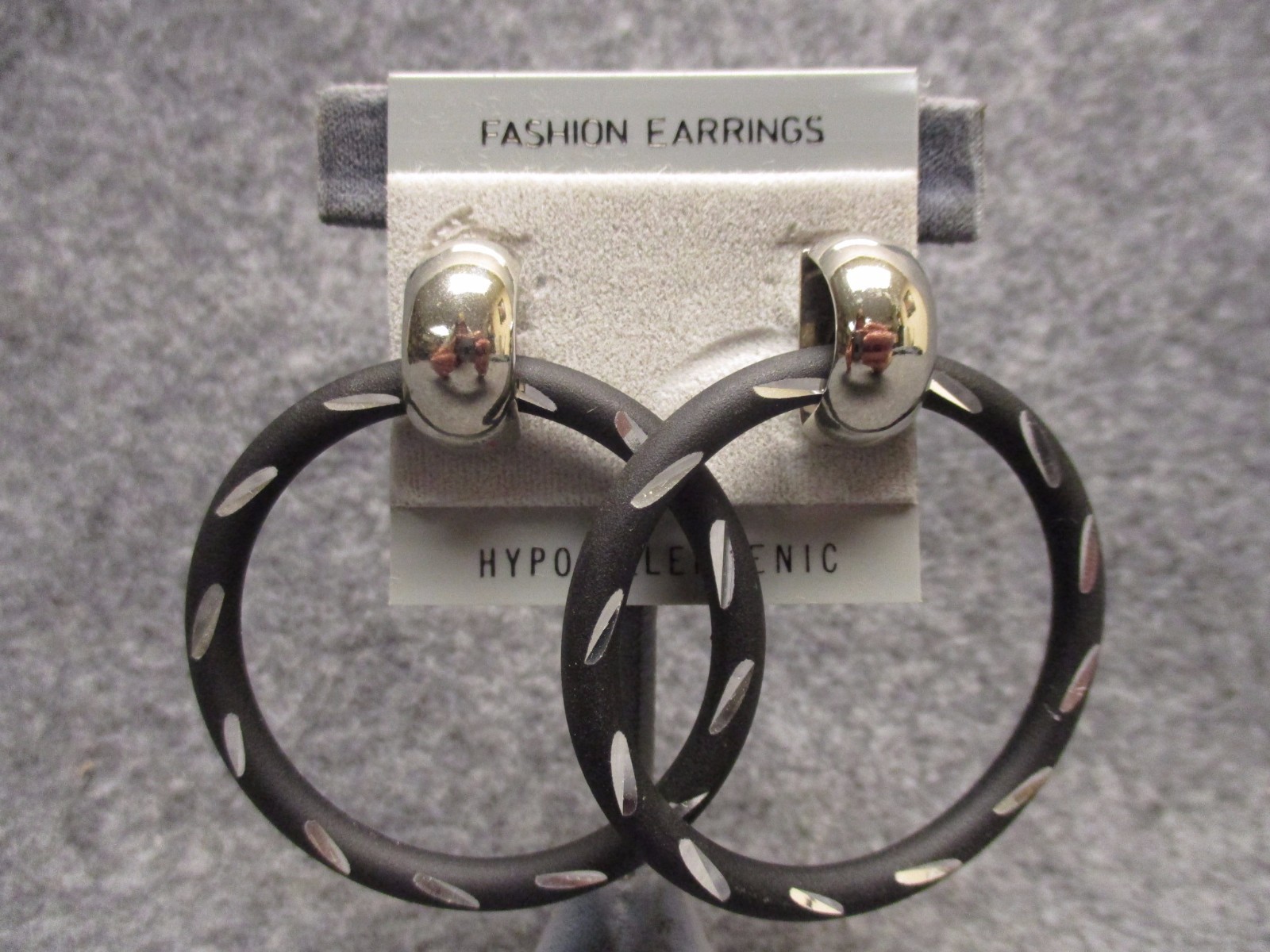 Pierced Post Dangle Hoop Earrings Black w/Shiny Silver Accents 2.25″ NEW