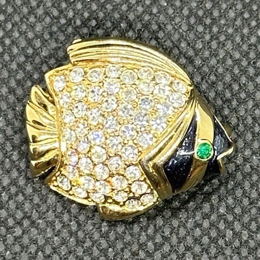 Gold Tone Fish Brooch Pin Black Enamel Clear Pavé Rhinestones Green Eye 1 in VTG