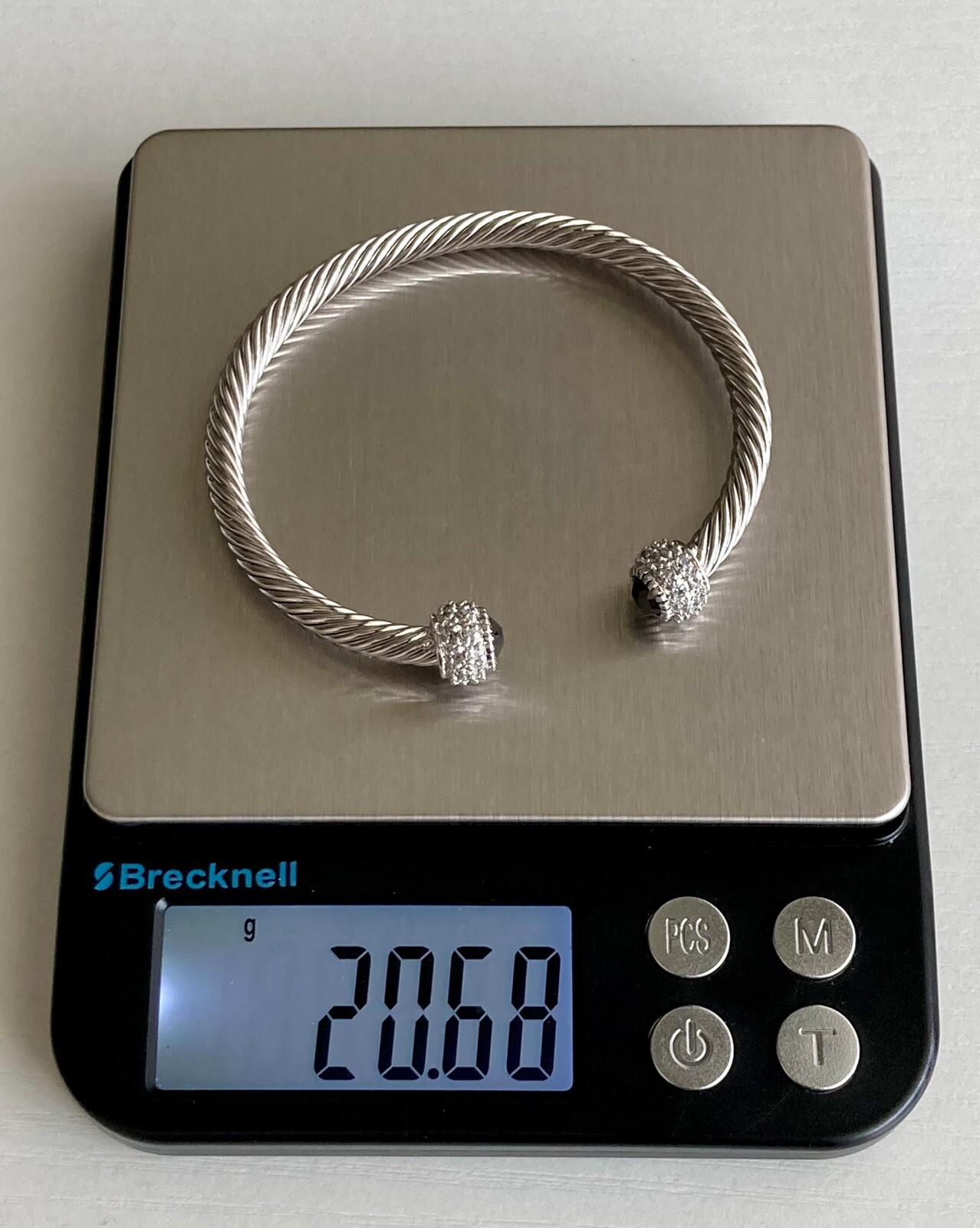 Silver Tone Twisted Cable Cuff Bracelet Clear & Jet Black Crystals 7.25in 20.6g