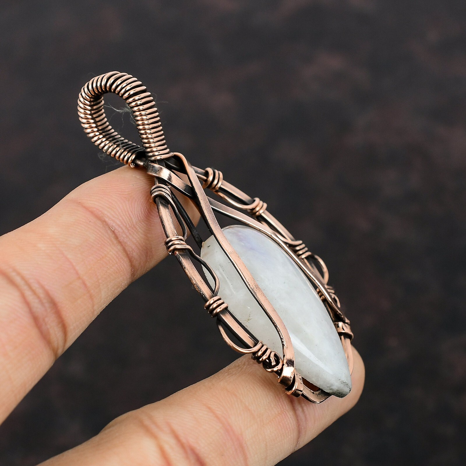 Rainbow Moonstone Wire Wrapped Pendant Handcrafted Copper Designer Jewelry 2.91″