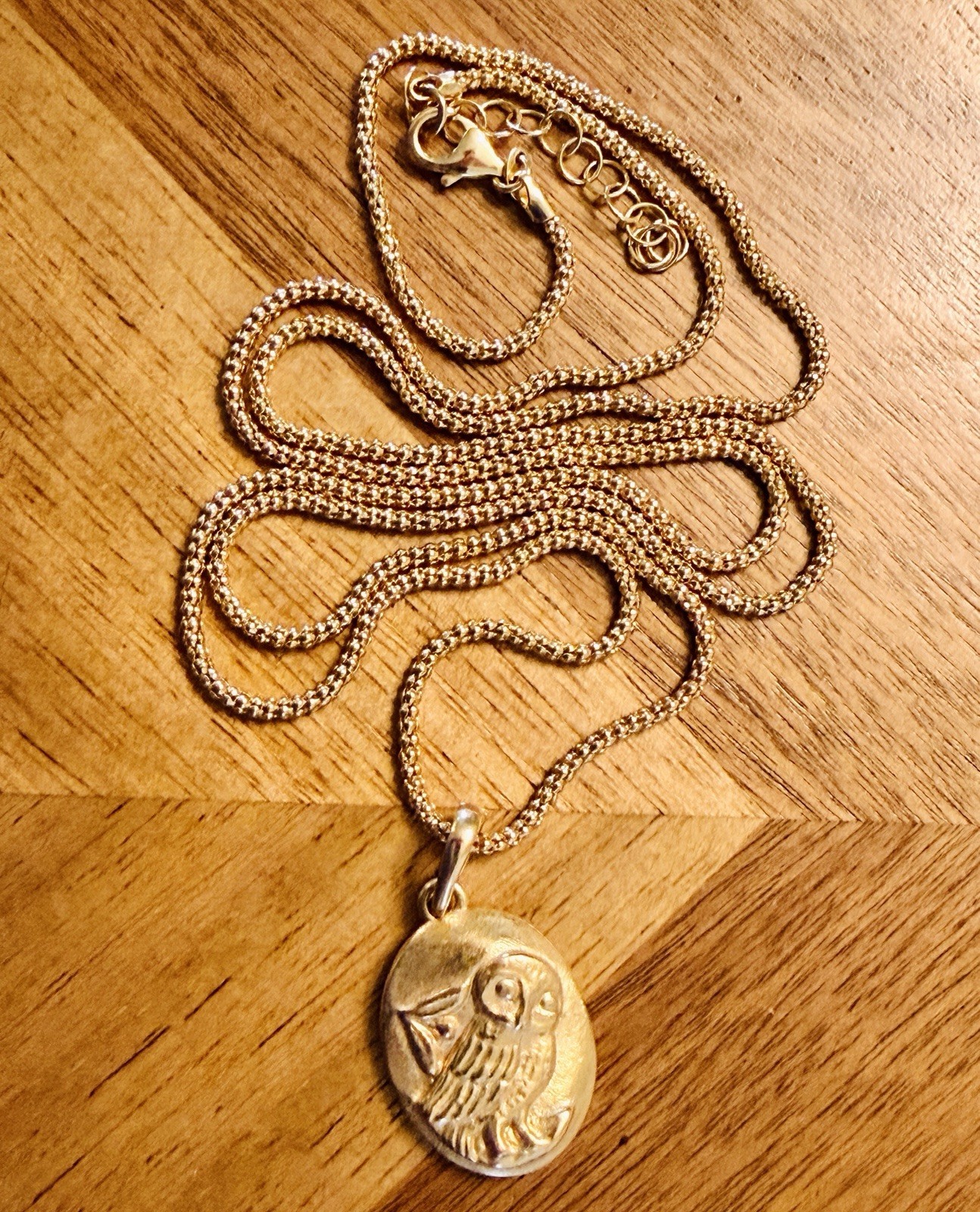 Bronzo-Italia Necklace Owl Coin Golden Bronze Pendant Italy Wisdom Long Layering