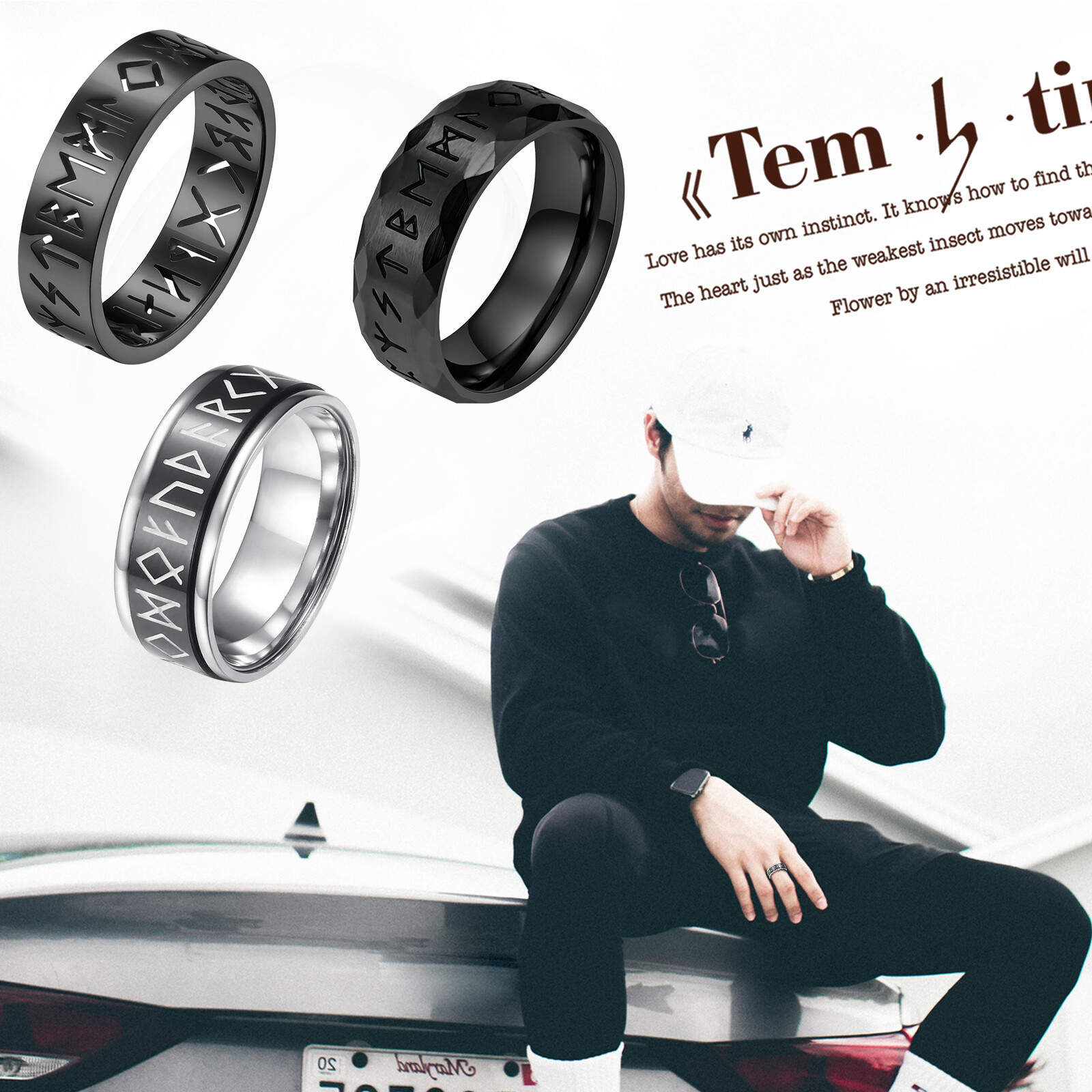 3PCS Mens Norse Viking Runes Stainless Steel Ring 8MM Spinner Anxiety Band #6-12