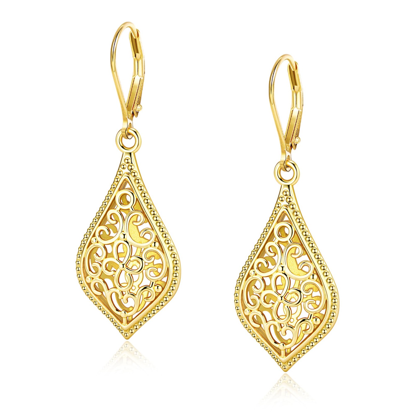 14k gold dangle earrings for women, filigree dangling leverback earrings, gol…