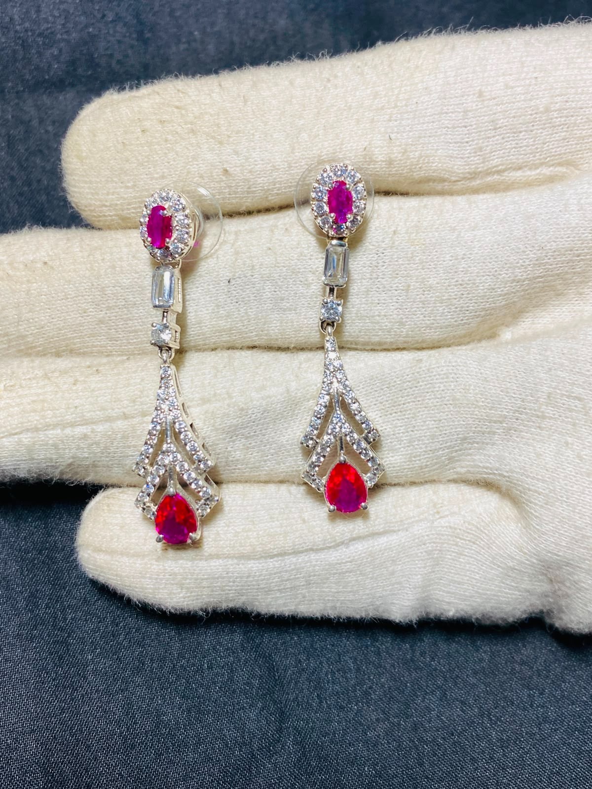 Silver Lab-Created Ruby CZ Drop Dangle Earrings Elegant Wedding Gift Women 4cm