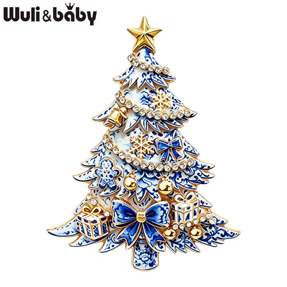 Blue White Christmas Tree Brooch Rhinestone Holiday Pin Gold Tone Jewelry Gift
