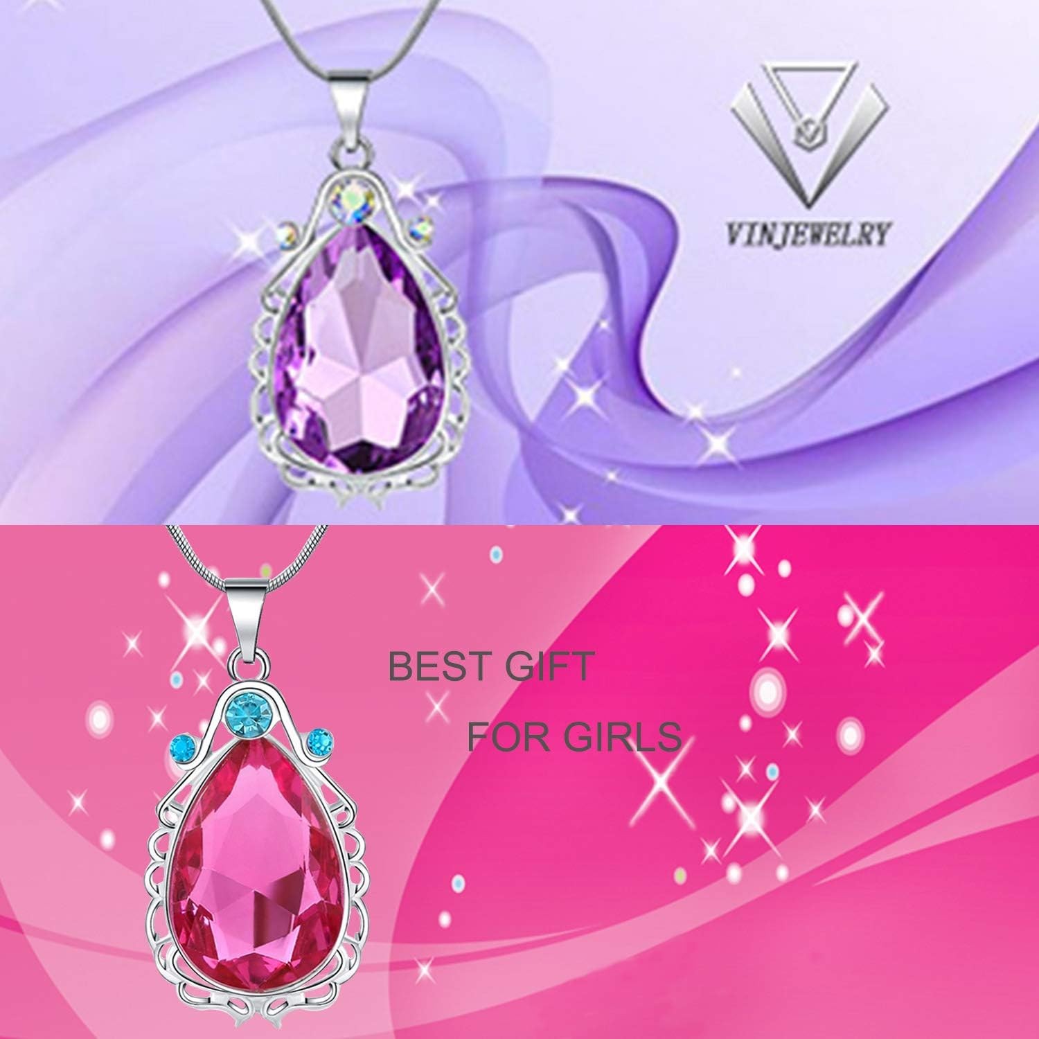 2 Pcs Sofia The First Amulet And Elena Princess Necklace Twin Sister Teardrop Ne