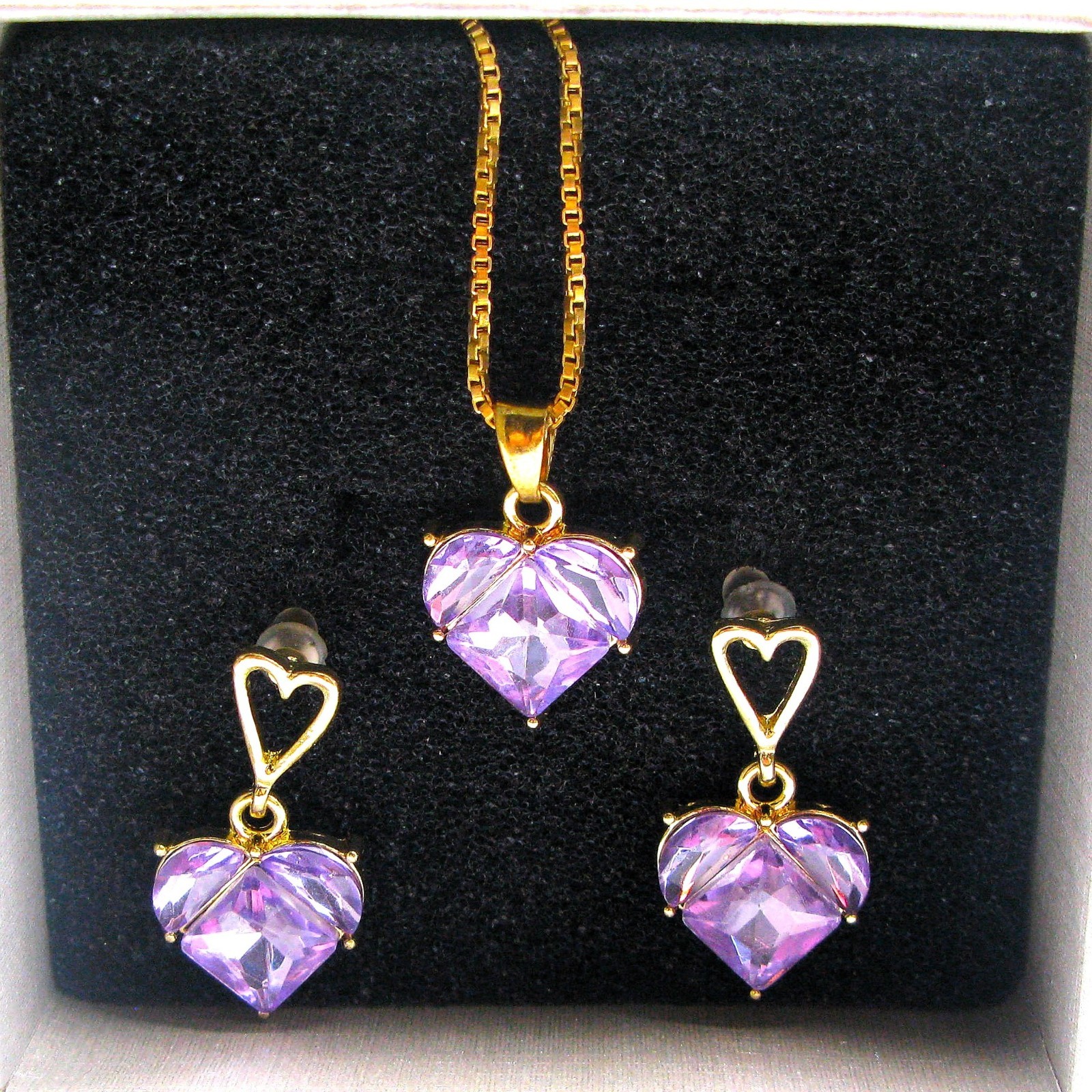 Elegant Lavender Heart Crystal Necklace & Earrings Set, Romantic Pastel Gift