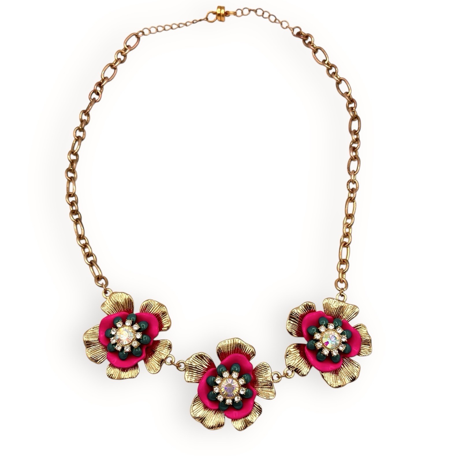 Floral Flower Statement Necklace Pink Green Gold Aurora Borealis Crystals