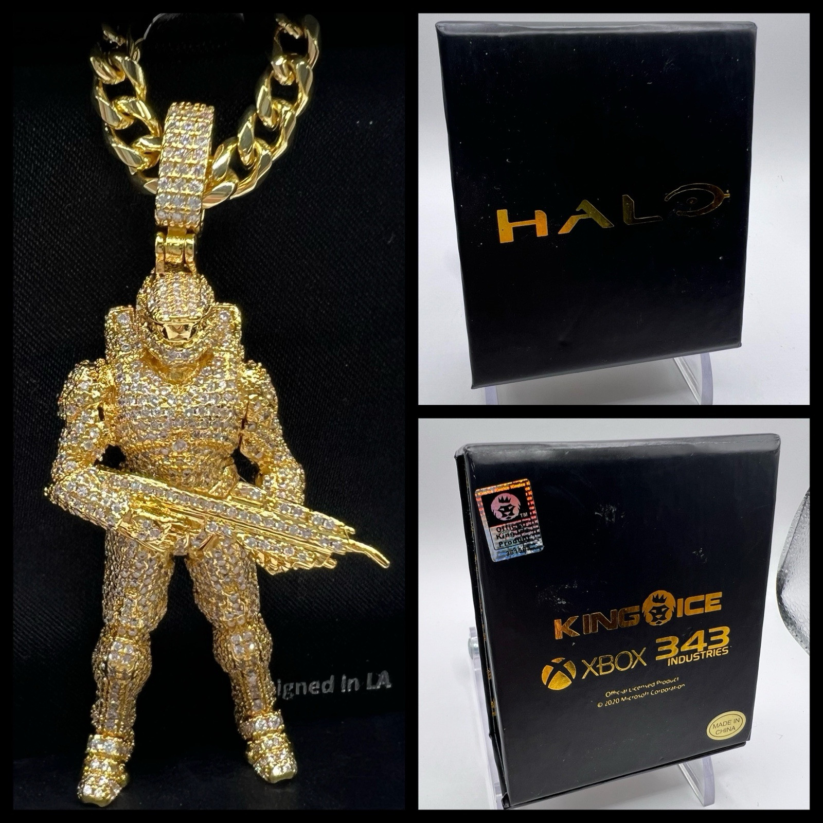 Halo x King Ice Master Chief Pendant 14K Gold 2.8″ Height + 20″ 5mm Cuban Chain