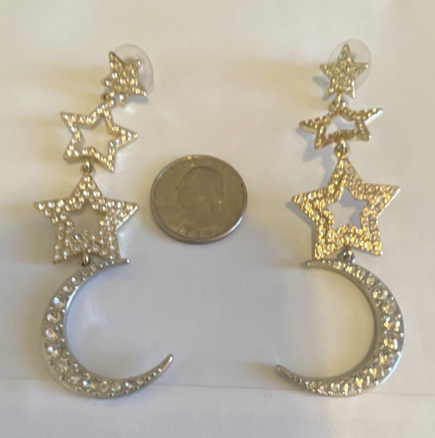Silver Tone Star & Crescent Moon White Crystal Dangle Drop Earrings Butterfly
