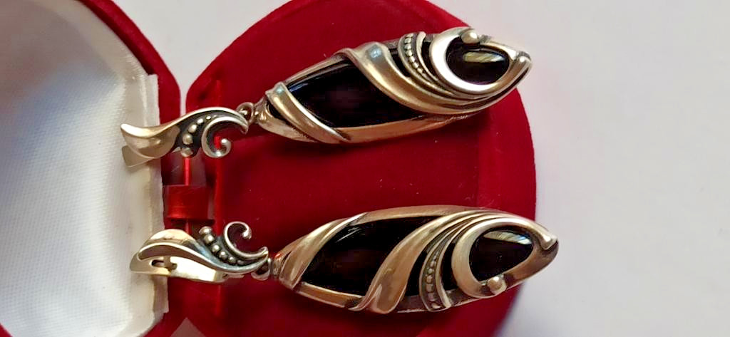 Elegant 925 Sterling Silver Black Onyx Drop Earrings – English lock long 6 cm