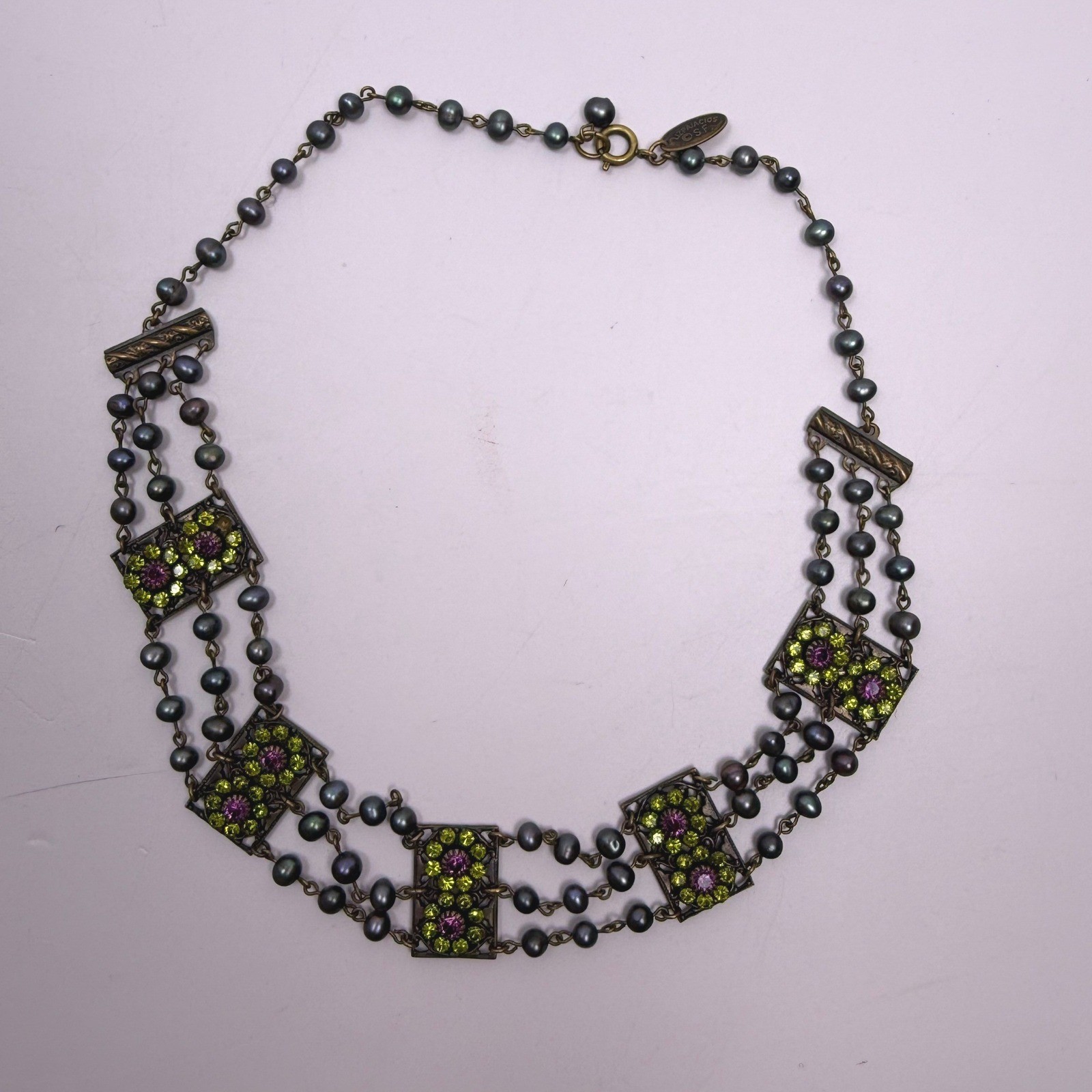 Liz Palacios Vintage Boho Victorian Womens Multi Strand Pearl Crystal Necklace