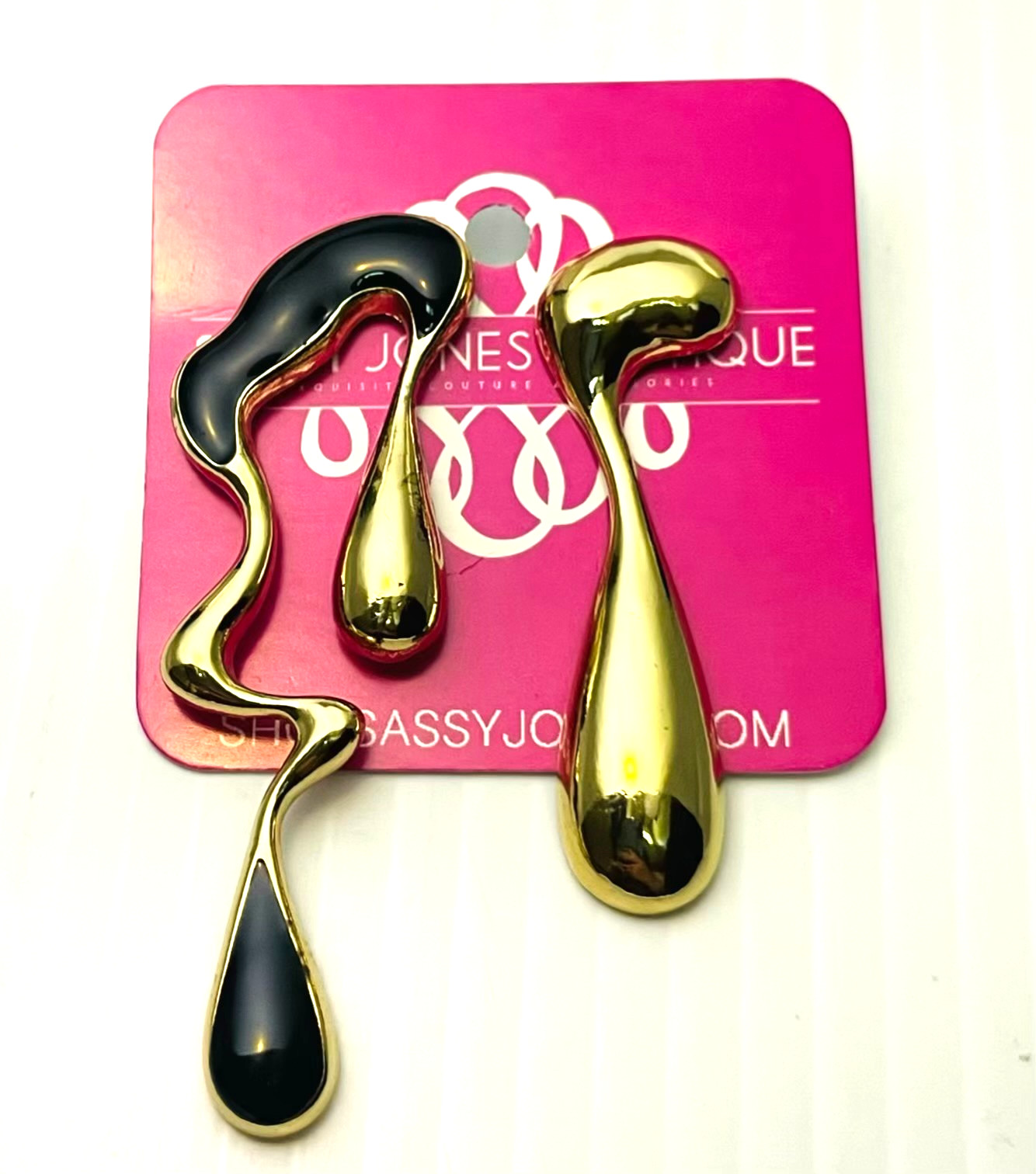 Sassy Jones Boutique Earrings Asymmetrical Teardrop Gold Tone Black Enamel Bold