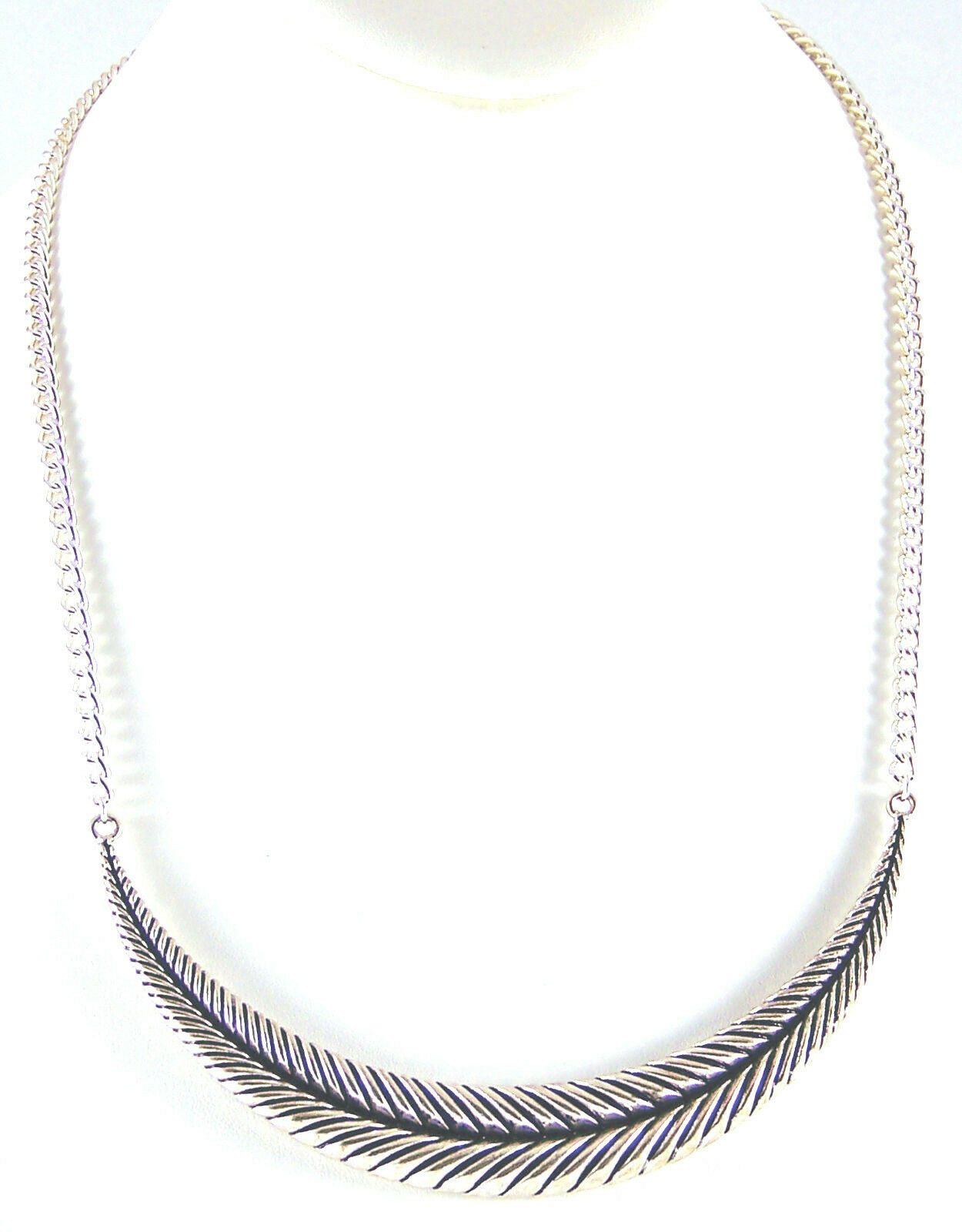 Necklace Half Moon Shape Curved Bar Textured Silvertone Metal On A Chain 20″Long