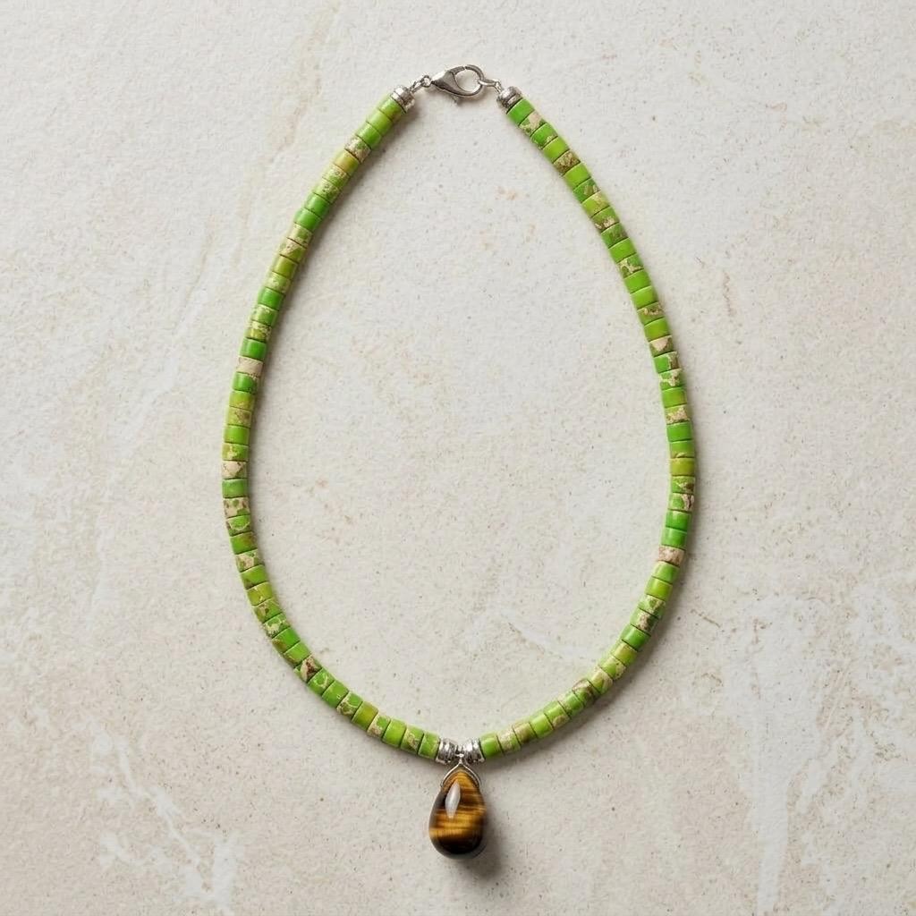 Tiger Eye Pendant Necklace, Green Imperial Jasper Necklace, Heishi Bead Choker,
