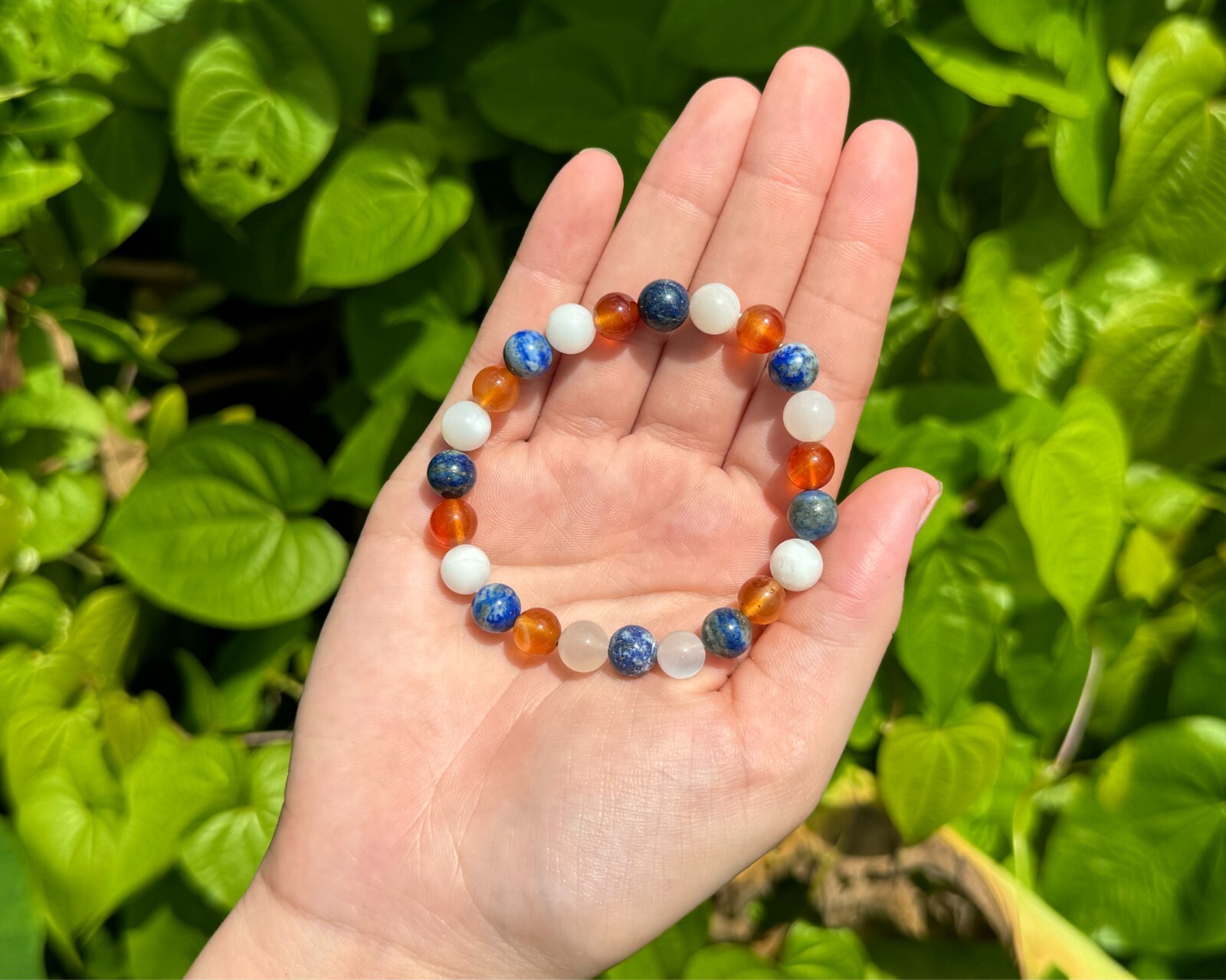 Confidence Bracelet: 8 mm Beads (Carnelian, Lapis Lazuli, & Moonstone Crystals)