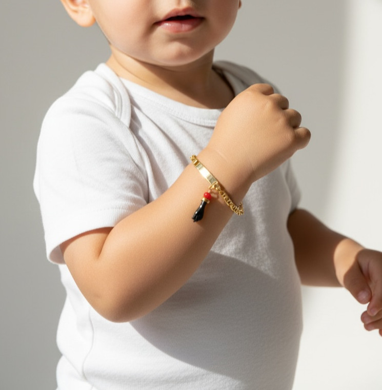 14K Gold Filled Azabache Baby ID Bracelet for Evil Eye Protection and Luck- B111