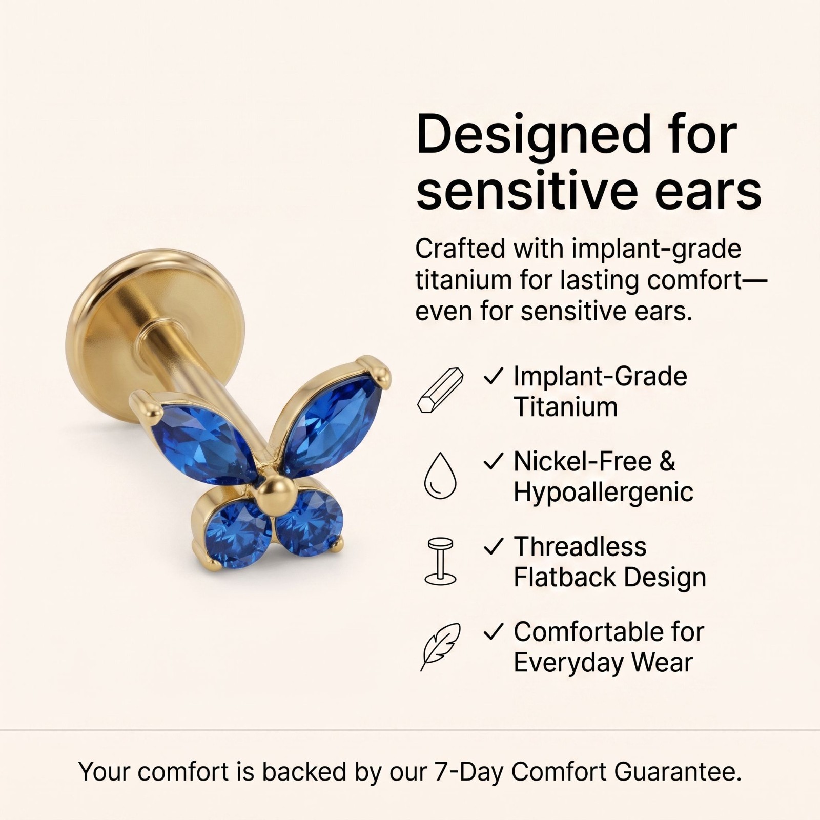 Birthstone Butterfly Flat Back Earrings 14K Gold Plated Titanium Labret 16G