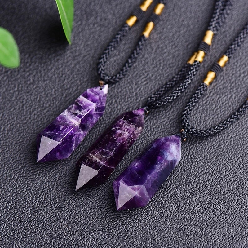 Chevron Amethyst Double Point Pendant Necklace Healing Protection Crystal Gifts