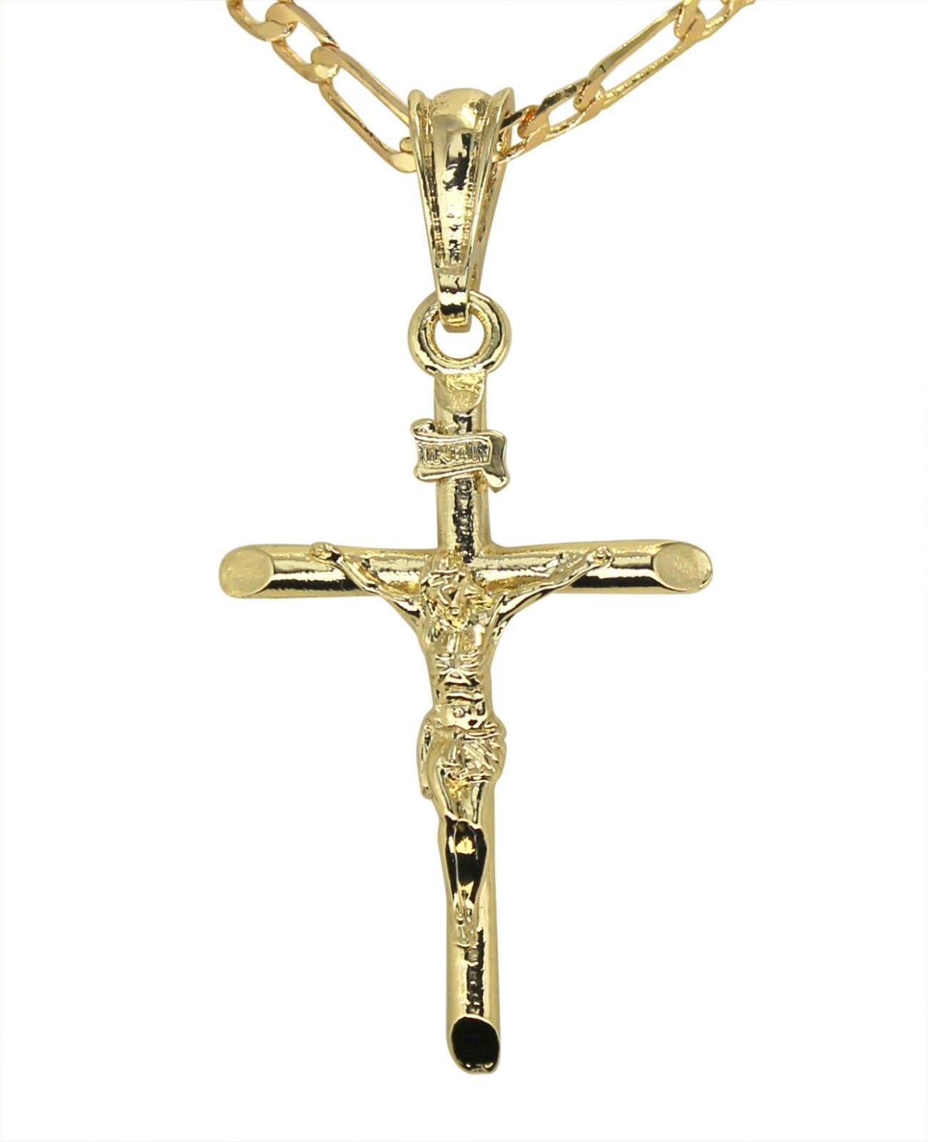 14k Gold Plated Crucifix Pendant 20″ Figaro Chain Men Women Necklace