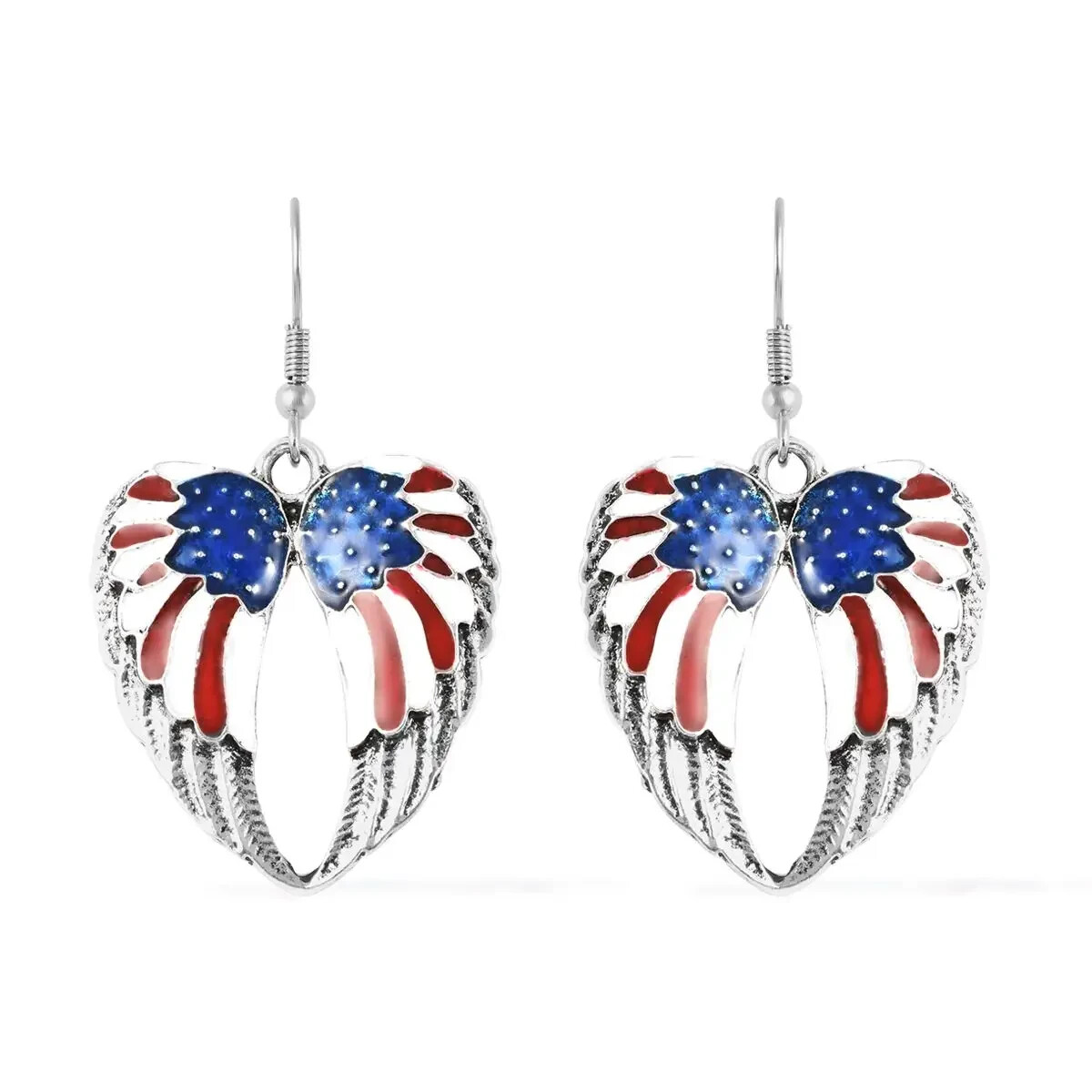 ENAMELED USA FLAG & ANGEL WING HEART EARRINGS IN SILVERTONE & STAINLESS STEEL