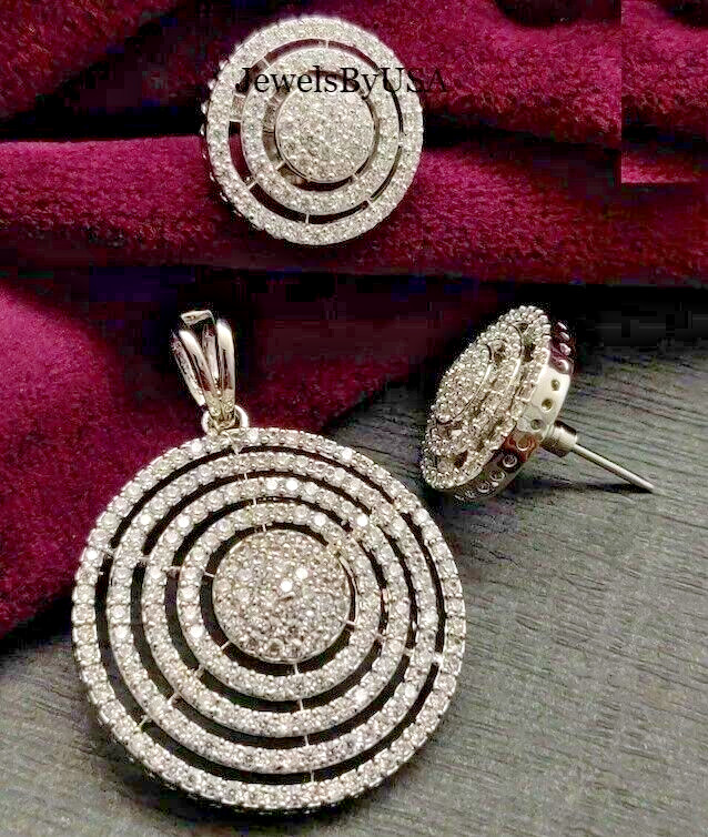 4ct Round Cubic Zirconia Womens Wedding Gift Pendant Earring Set 925 Silver